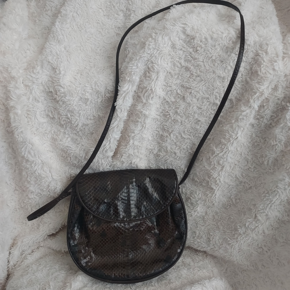 Glossy Brown & Black Faux Snakeskin Mini Crossbody Bag Compact Night Club